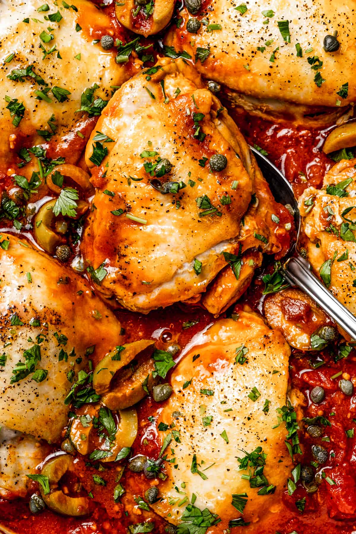 Close-up shot of chicken thighs in red sauce with olives and capers.