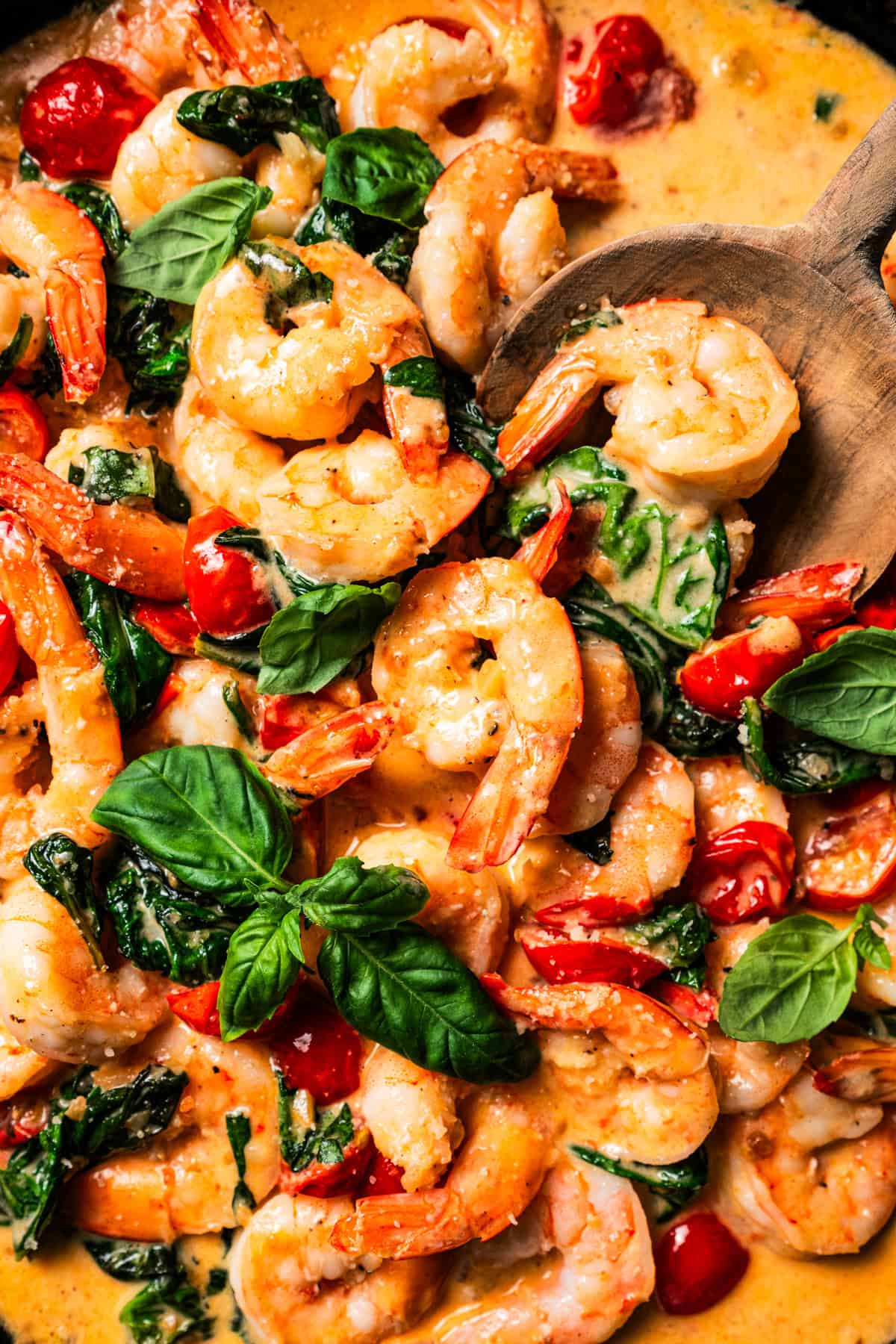 Close-up photo of shrimp in a creamy Tuscan sauce with spinach, tomatoes, and basil.