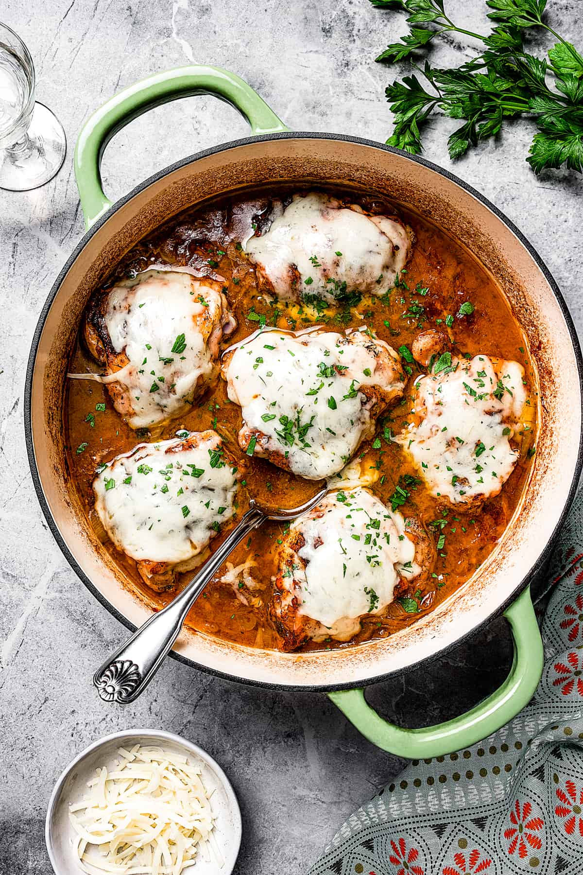 French Onion Chicken made in a skillet.