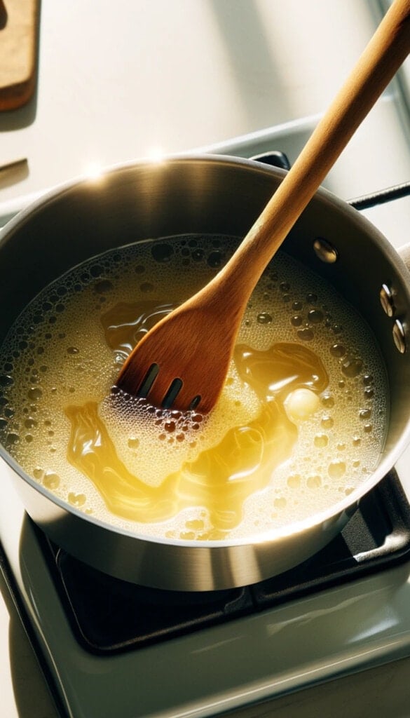 Melting butter with minced garlic in a saucepan, with a wooden spoon stirring through it.