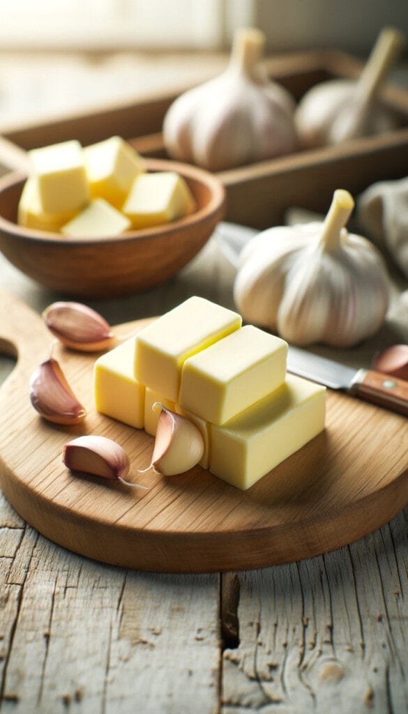 Sticks of butter and garlic cloves resting on a wooden board.