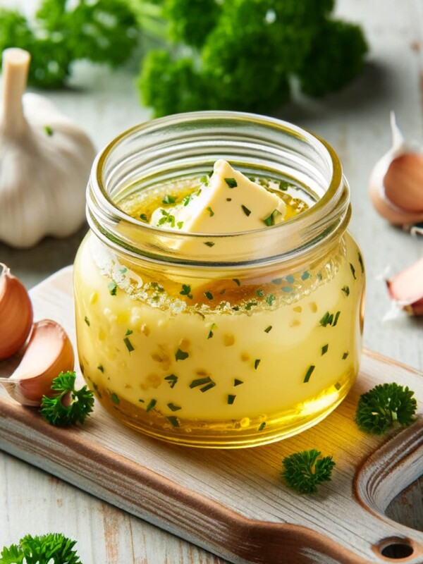 Garlic Butter Sauce stored in a jar.