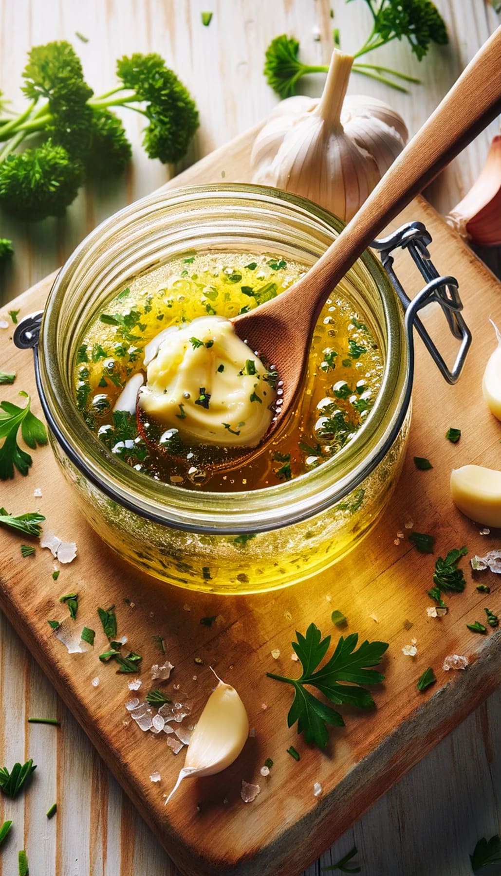 An overhead image of a jar filled with melted garlic butter and specks of parsley mixed through it. A spoon is sitting in the jar with solid butter resting on the spoon.