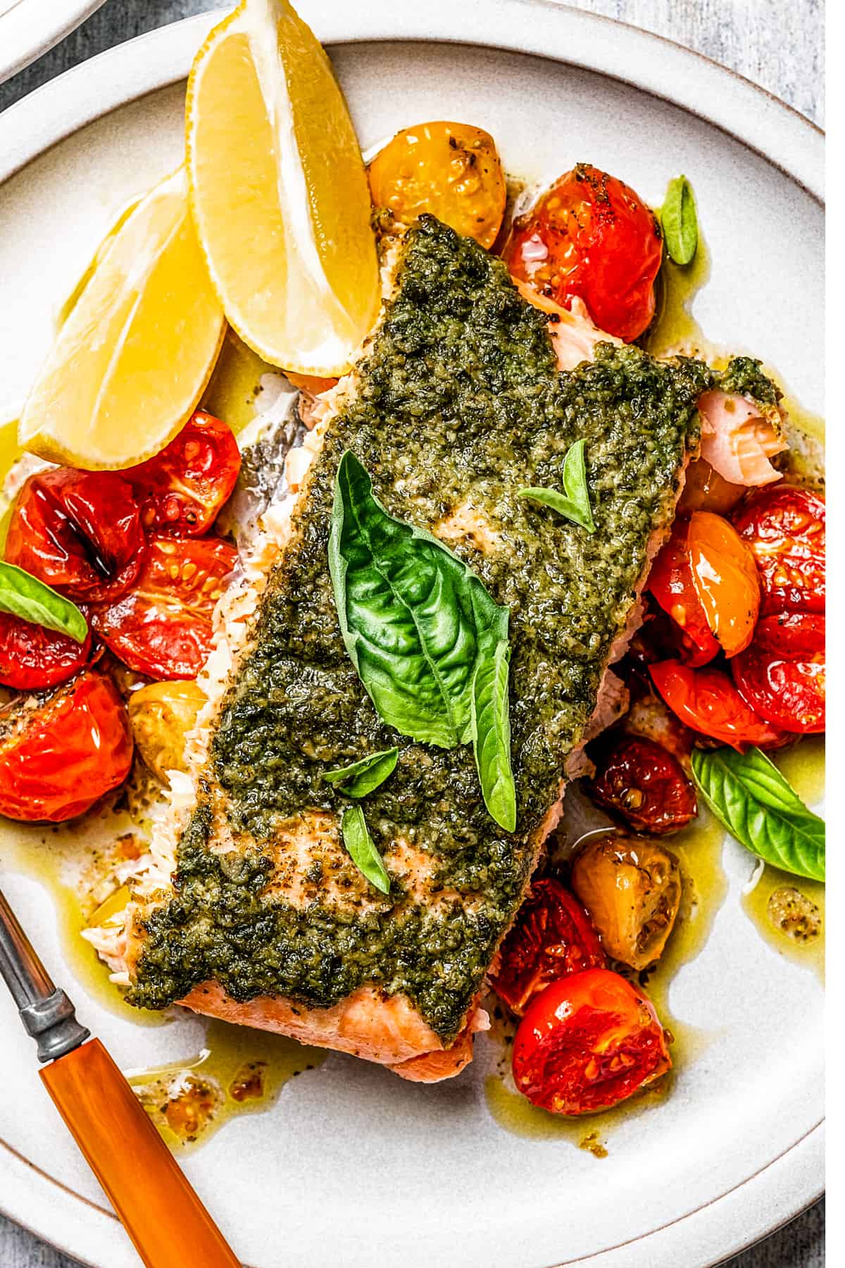 A dinner plate served with roasted cherry tomatoes and salmon.