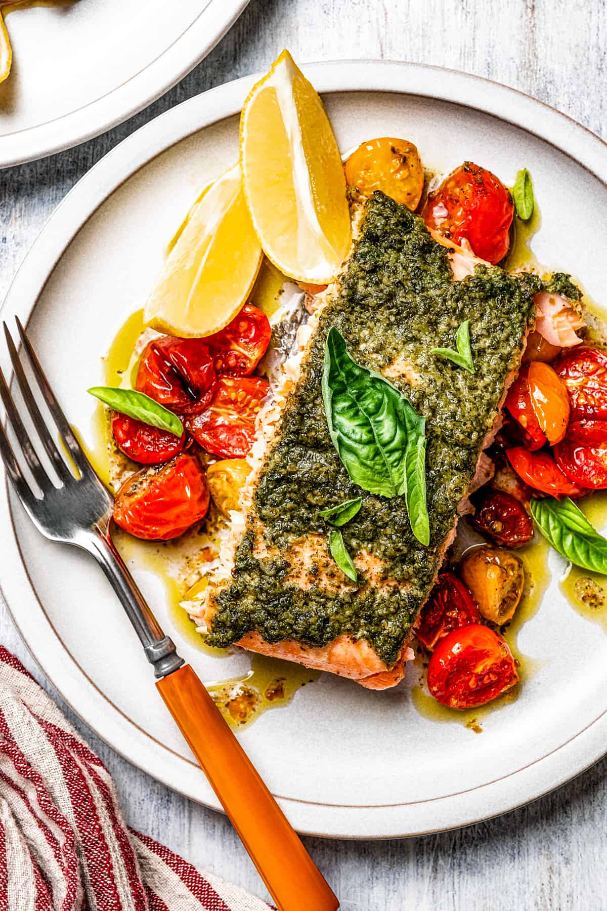 A dinner plate served with roasted cherry tomatoes and salmon.