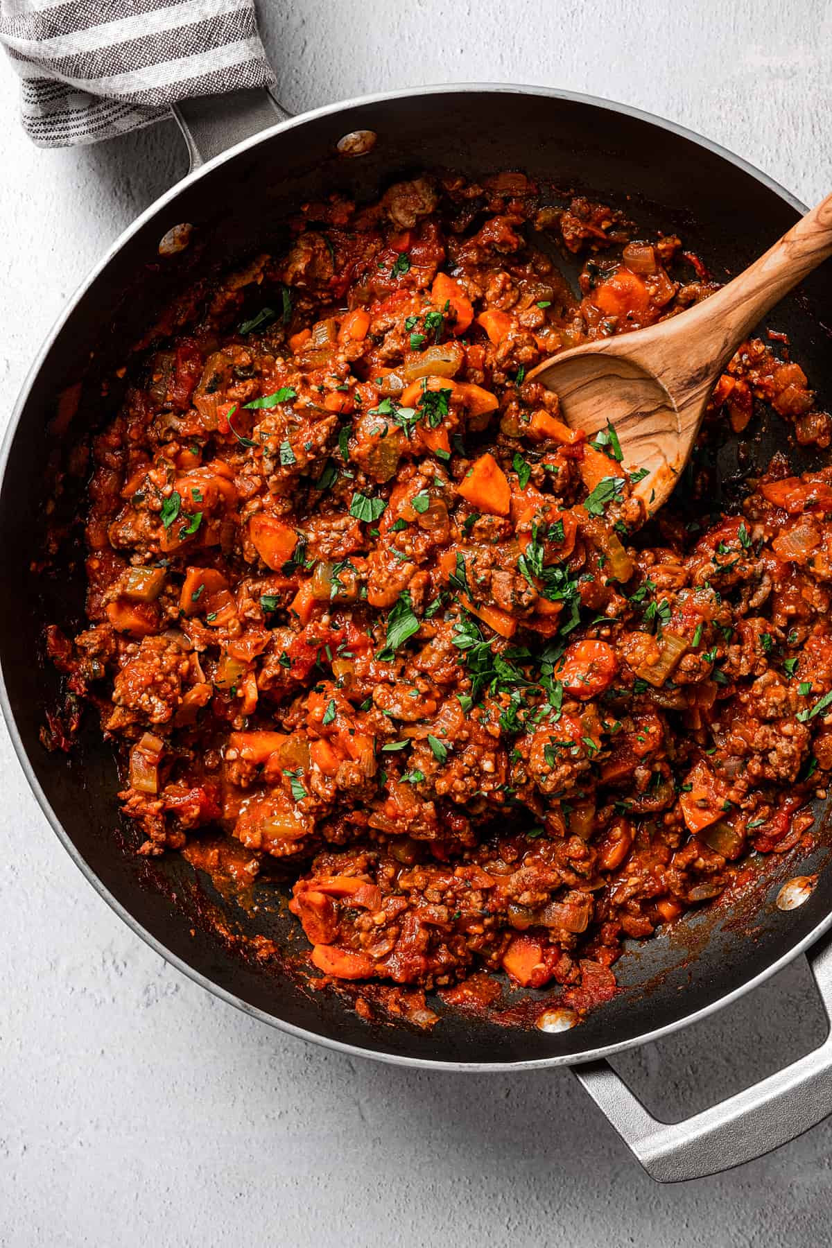 Meat sauce in a skillet.