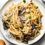 A plate of pasta in creamy mushroom sauce, with leftover turkey.