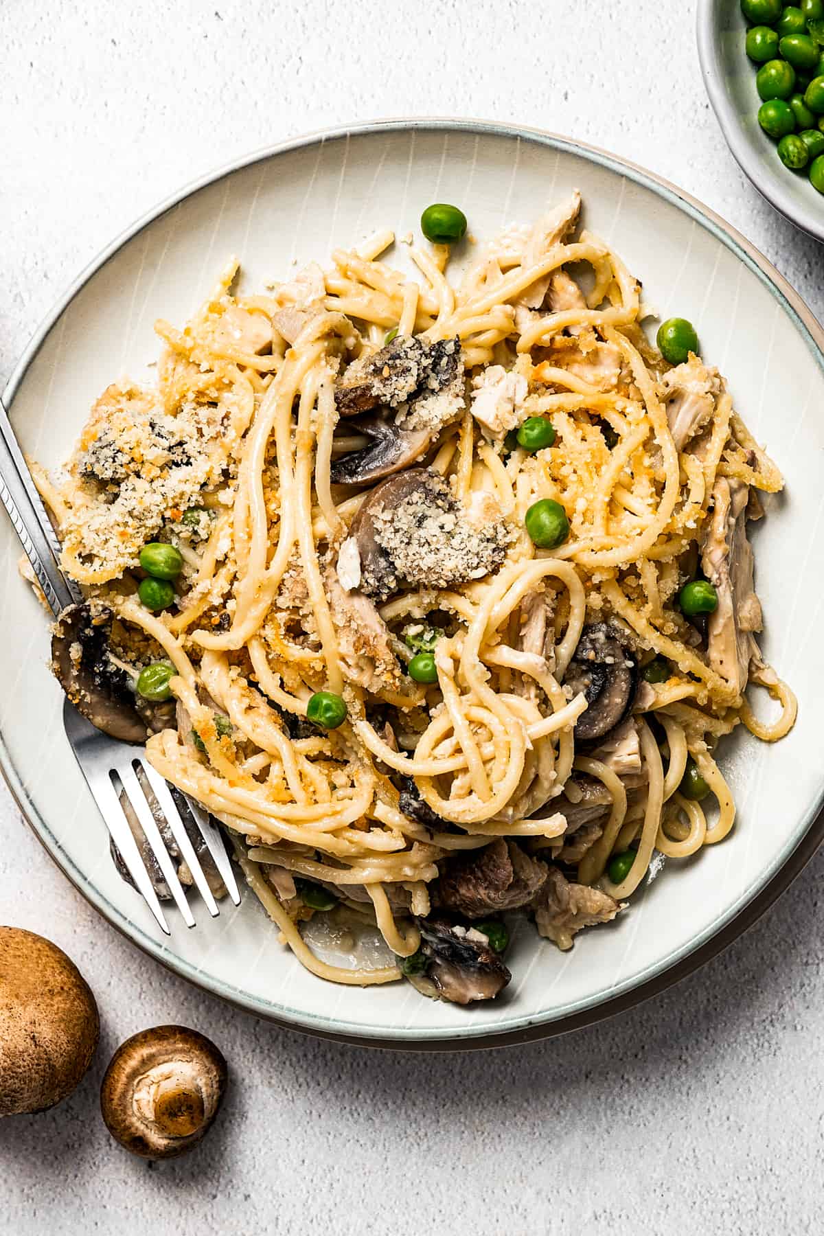 A plate of pasta in creamy mushroom sauce, with leftover turkey.