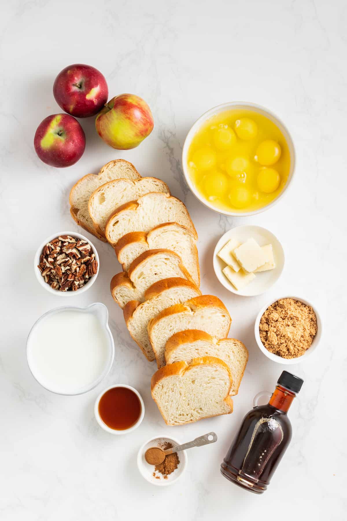 Ingredients for apple cinnamon French toast bake.