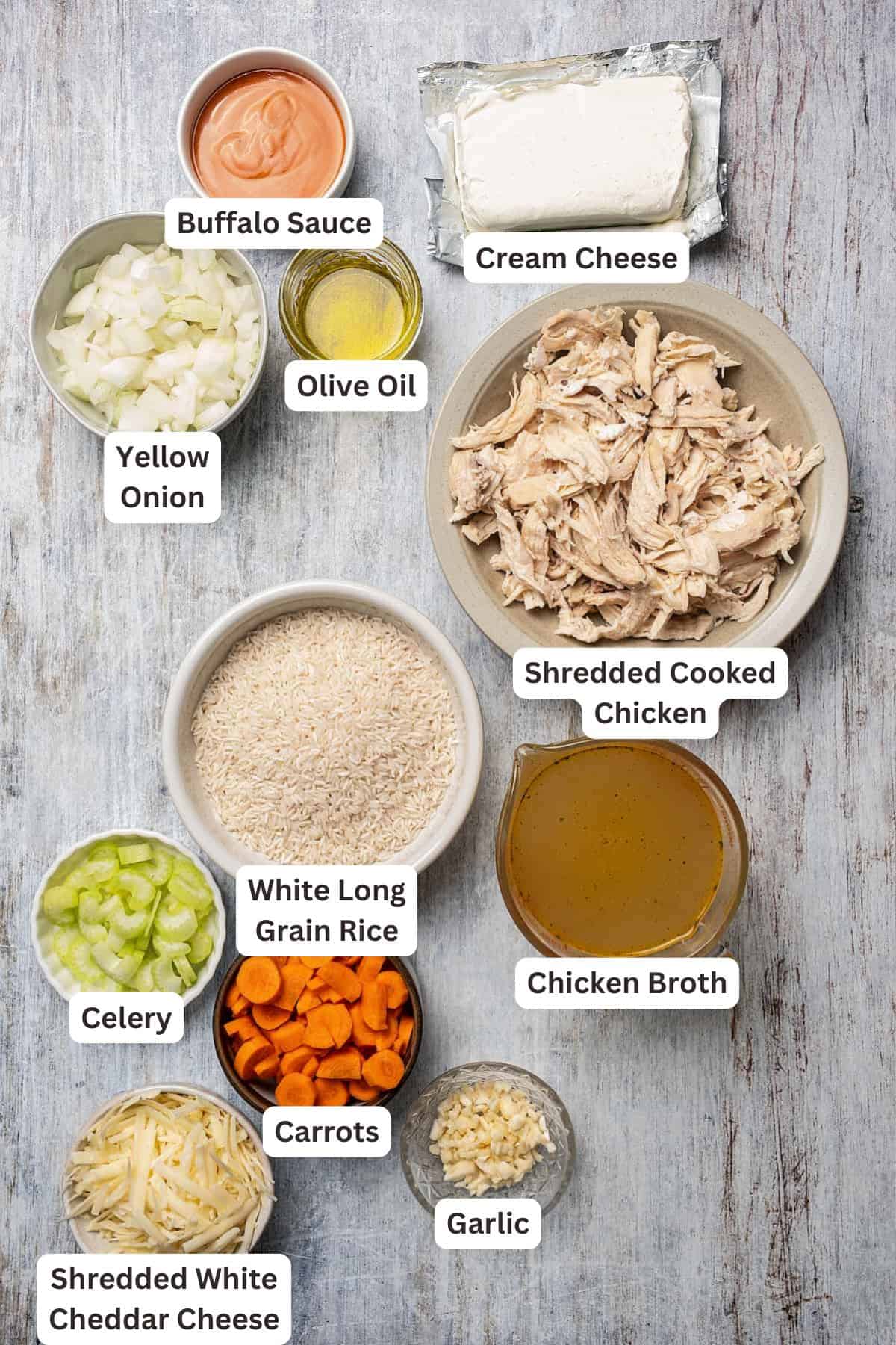 Ingredients for Buffalo Chicken and Rice Casserole.