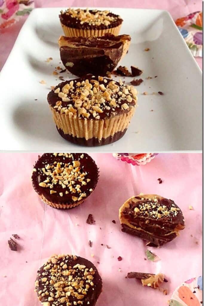 overhead shot and a side shot of homemade peanut butter cups topped with chopped peanuts.