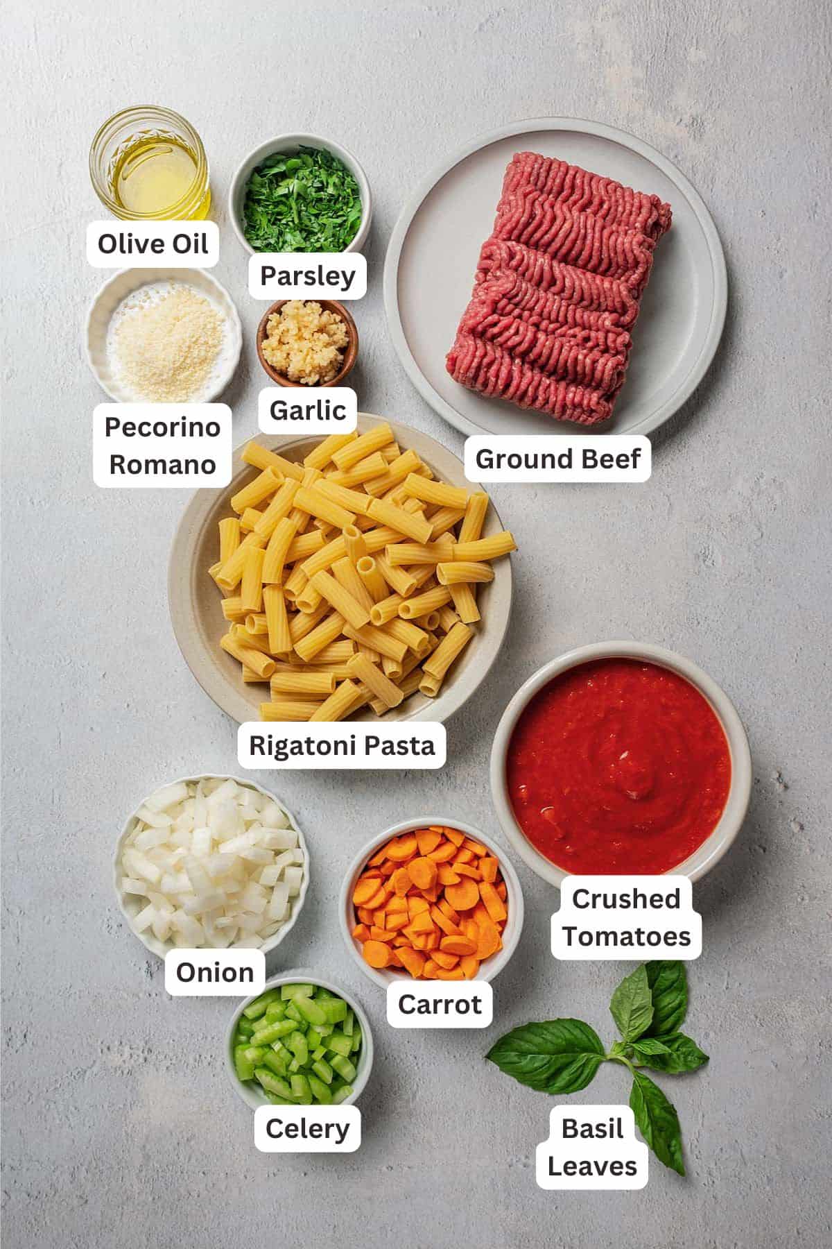 Ingredients for Rigatoni Bolognese.