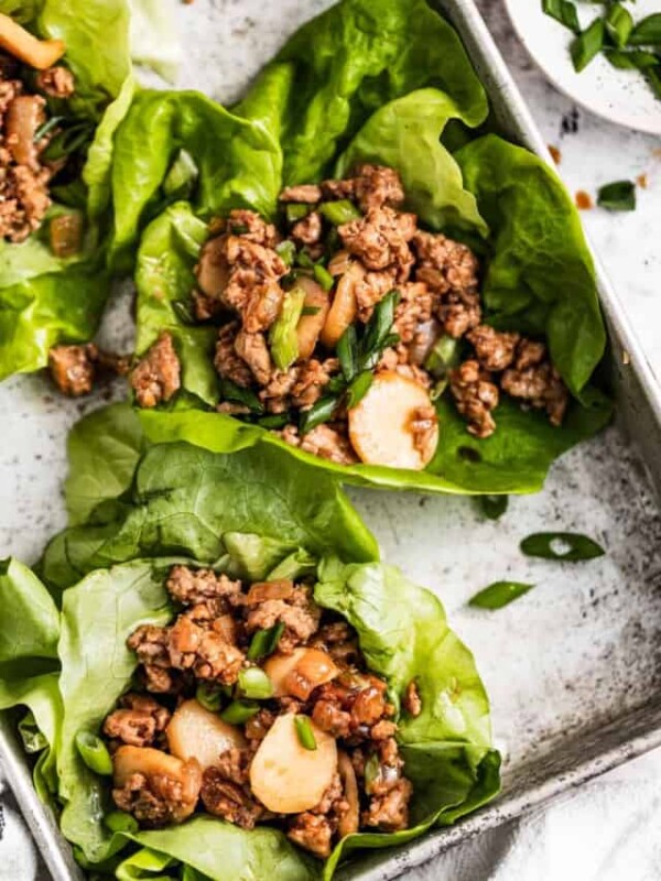 overhead shot of Asian lettuce wraps on a baking tray.