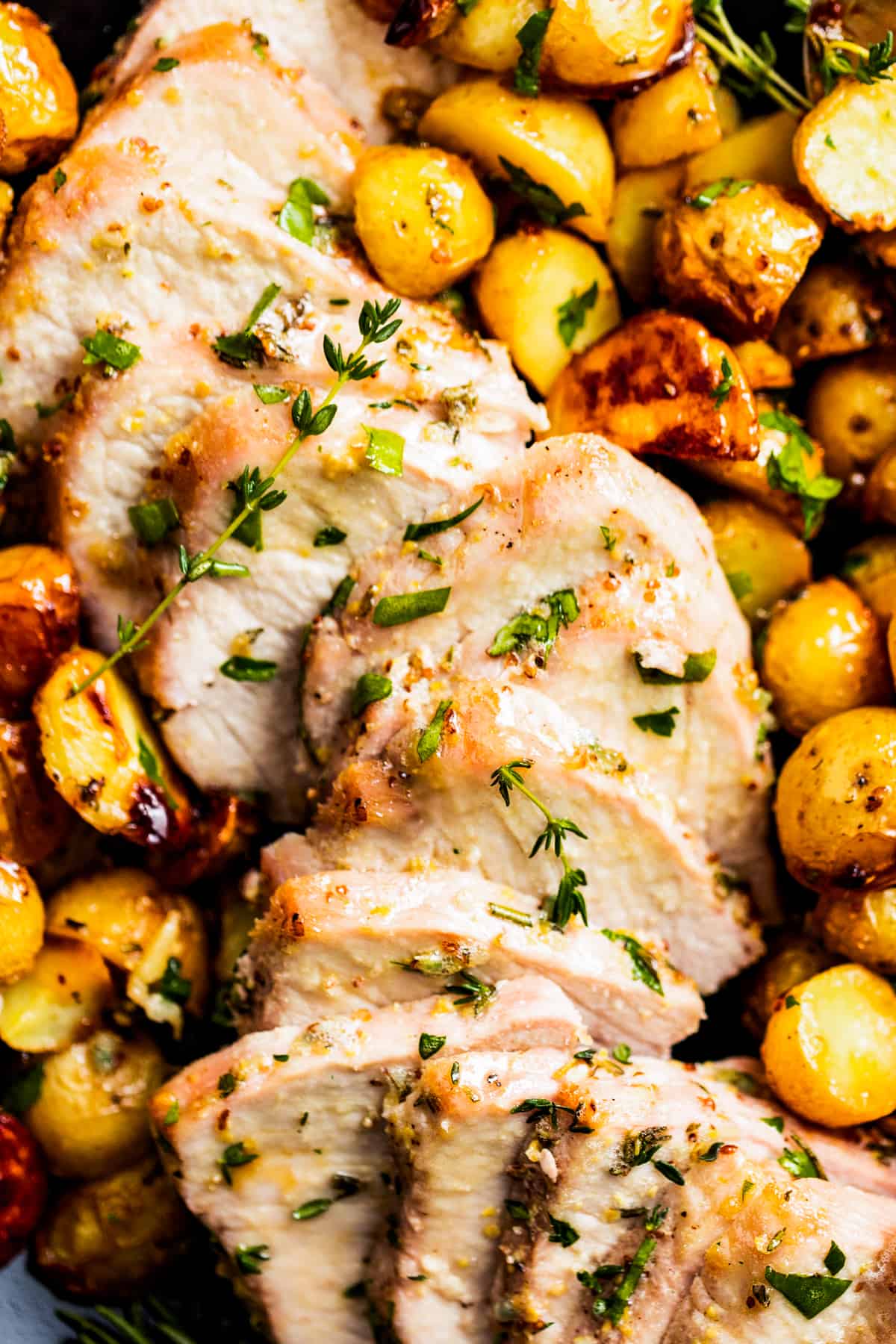 Close-up of sliced pork tenderloin with roasted potatoes.