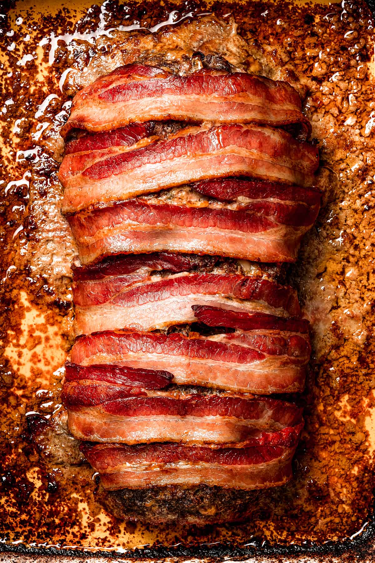 Close-up shot of bacon-wrapped meatloaf.