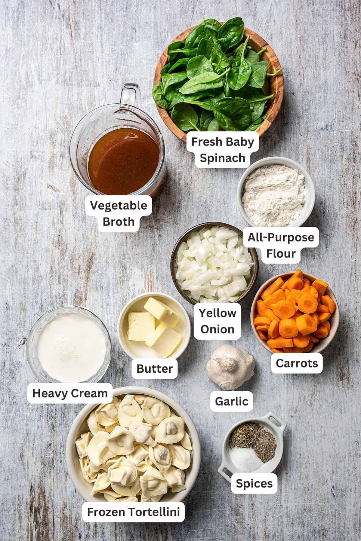 Ingredients for Creamy Tortellini Soup.
