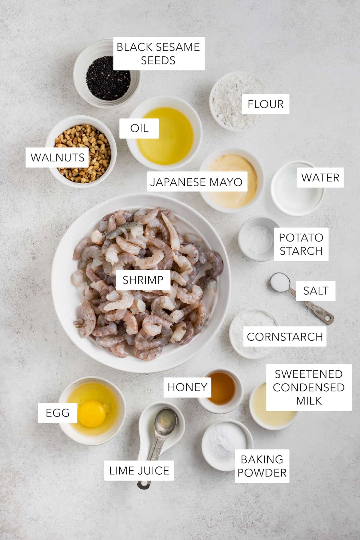Ingredients for the honey walnut prawns.