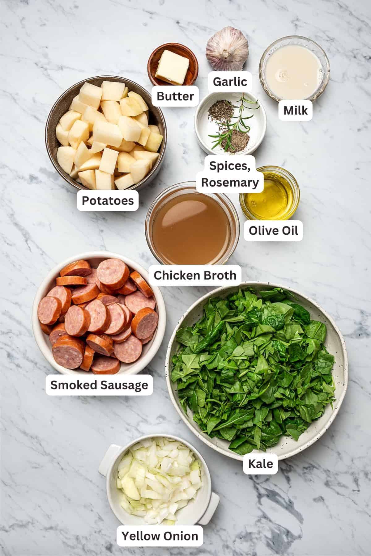Ingredients for Potato Soup with Smoked Sausage.