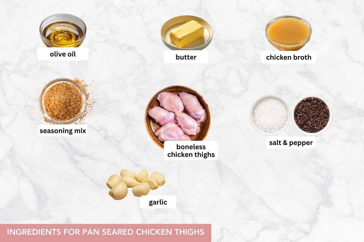 Tender, juicy, skinless, boneless chicken thighs prepared on the stovetop. This easy chicken thighs recipe is ready in 20 minutes! Ingredients for stovetop boneless chicken thighs are arranged on a white surface.