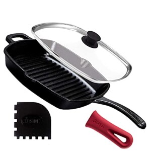 Cast Iron Grill Pan + Glass Lid + Silicone Handle Cover + Pan Scraper - 10.5"-inch Pre-Seasoned Square Skillet - Stovetop