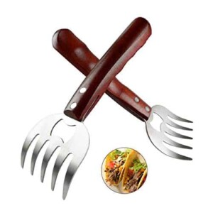 AIYUE Meat Shredding Claws Stainless Steel Pulled Pork Shredder Meat Claws for BBQ Shredding Pulling Handing Lifting & Serving Pork Turkey Chicken with Long Wood Handle (2 PCS