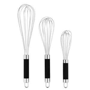 Set of 3 Stainless Steel Whisks with Silicone Whisk handles. Milk & Egg Beater Balloon Metal Whisk for Blending
