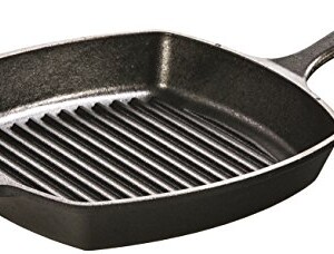 Lodge 10.5 Inch Square Cast Iron Grill Pan. Pre-seasoned Grill Pan with Easy Grease Draining for Grilling Bacon