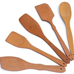 Nonstick Wooden Spoons For Cooking - 5 Premium Hard Wood Cooking Utensils - Healthy and Natural Wooden Spatula Set - Strong and Solid Long Handled Wooden Spoon and Spatulas.