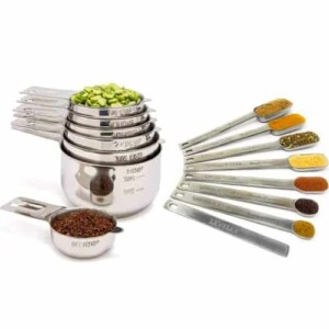 Measuring Cups and Spoons Set by Simply Gourmet. Premium Set of 15 Stainless Steel Measuring Cups and Spoons with level. Includes 7 Engraved Metal Measuring Cups and 7 Spoons Plus Level