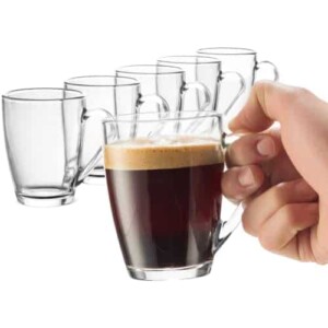 Bormioli Rocco Glass Coffee Mug Set - (6 Pack) 10 ¾ Ounce with Convenient Handle