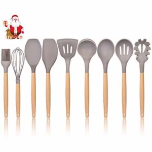 K Kwokker Kitchen Utensil Set Silicone 9 Pieces Cooking Dinnerware with Wooden Beech Handles Heat-resistant Slotted and Flexible Turner Spatula Slotted Spoon Soup Ladle Serving Spoons Whisk Basting Br
