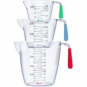 Vremi 3 Piece Plastic Measuring Cups Set - BPA Free Liquid Nesting Stackable Measuring Cups with Spout and Decorative Red Blue and Green Handles - includes 1