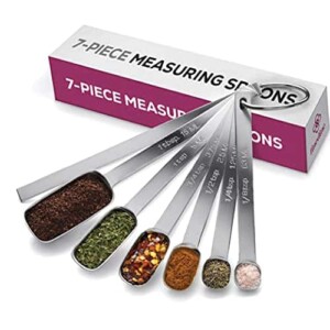 Premium Stainless Steel Measuring Spoons set - 7-Piece Kitchen Measuring Spoons With Leveler - Slim Design Fits In Spice Jars - Metal Measuring Spoon Set for Dry