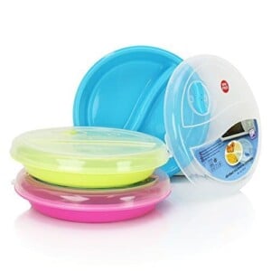 (Set of 3) Microwave Food Storage Tray Containers - 2 Section / Compartment Divided Plates w/ Vented Lid