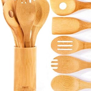 Neet Wooden Spoons For Cooking 6 Piece Organic Bamboo Utensil Set With Holder Wood Kitchen Utensils Spatula Spoon For High Heat Stirring In Nonstick Pots & Pans Quality Gift & Everyday Use