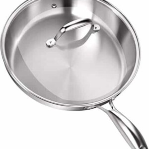 Stainless Steel Skillet with Glass Cover - 12 Inch - Induction Compatible - 30 x 6.8 cm - Multipurpose Use for Home Kitchen or Restaurant