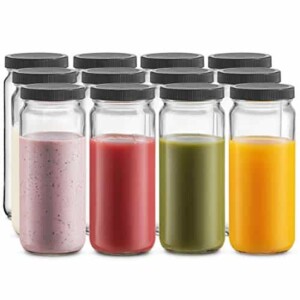 Travel Glass Drinking Bottle Mason Jar 16 Ounce [12-Pack] Plastic Airtight Lids