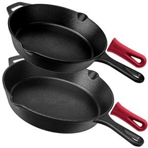 Pre-Seasoned Cast Iron Skillet 2-Piece Set (10-Inch and 12-Inch) Oven Safe Cookware | 2 Heat-Resistant Holders | Indoor and Outdoor Use | Grill