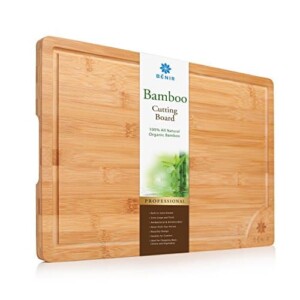 XL BAMBOO CUTTING BOARD SERVING TRAY - Longest Lasting Large Organic Antibacterial Wooden Butcher Block with Drip Grooves (17-3/4x12x0.8”)