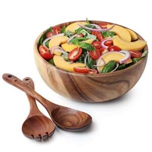 Acacia Wood Salad Bowl with Servers Set - Large 9.4 inches Solid Hardwood Salad Wooden Bowl with Spoon for Fruits