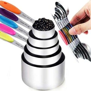 TILUCK Measuring Cups and Magnetic Measuring Spoons Set Stainless Steel Dry Measuring Cups 5 Measuring Cups & 6 Double Sided Stackable Magnetic Measuring Spoons & 1 Leveler … (11)