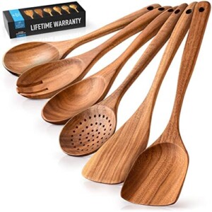 Zulay Kitchen (6 Pc Set) Wooden Utensils For Cooking - Non-Stick Soft Comfortable Grip Wooden Cooking Utensils - Smooth Finish Teak Wooden Spoon Sets For Cooking