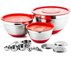 Chef’s Star 17 Piece Stainless Steel Mixing Bowl Set - Anti Slip Silicone Base 3 Stainless Steel Bowls With Lids - 4 Measuring Cups & Spoons 3 Interchangeable Graters