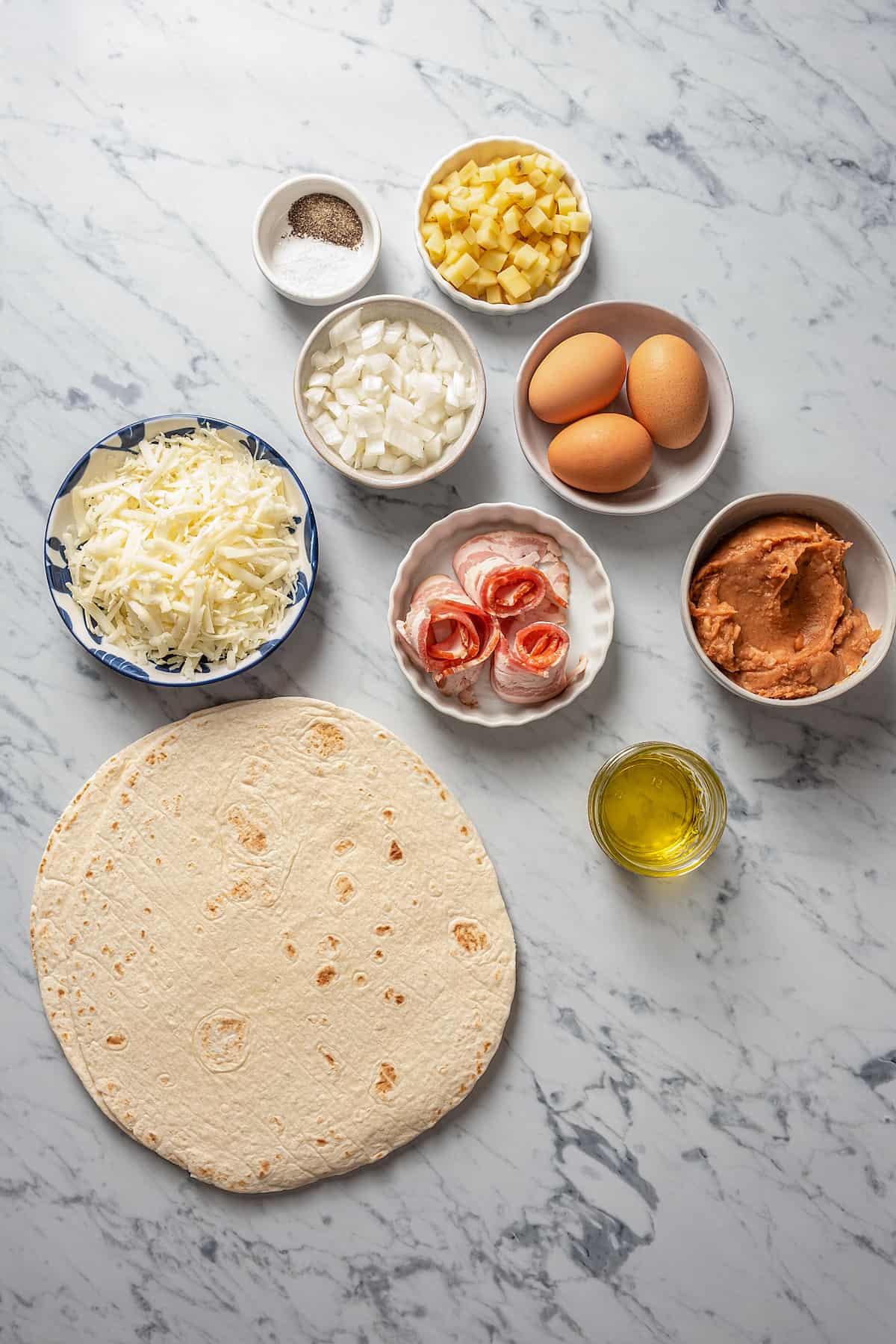Ingredients for easy breakfast quesadillas.