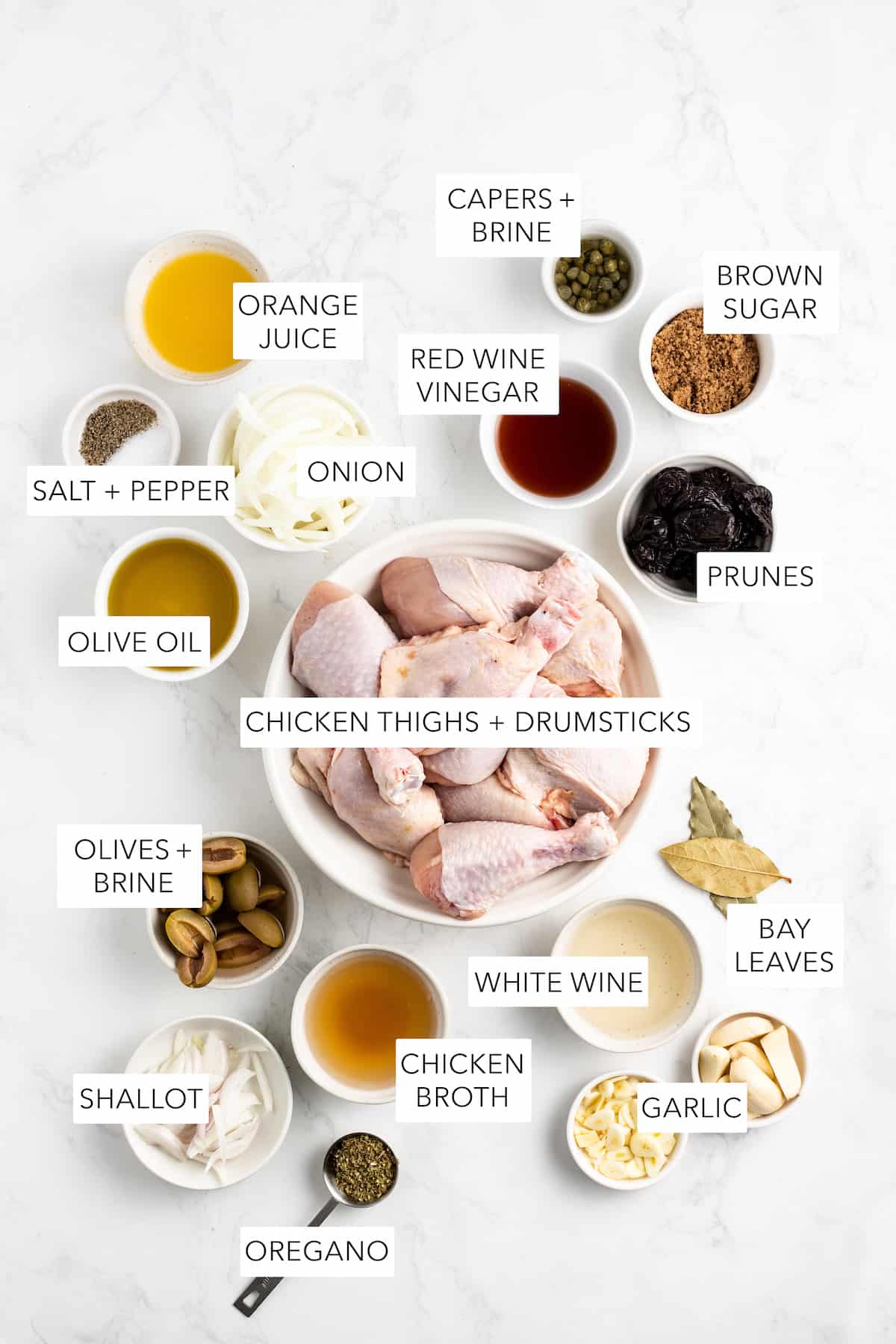 Ingredients for easy chicken Marbella. 