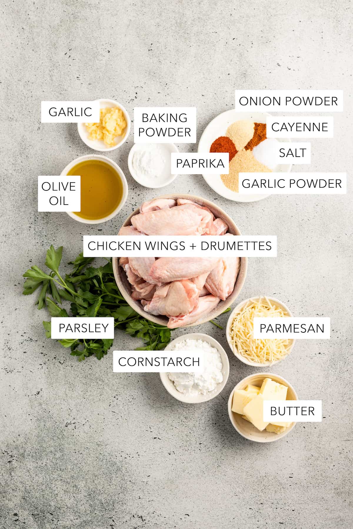 Ingredients for garlic parmesan chicken wings.