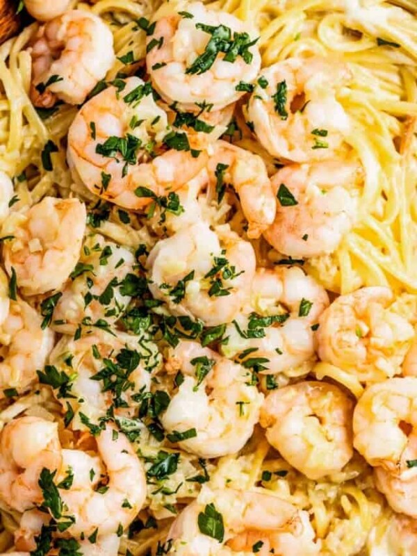 up close shot of shrimp arranged over linguine pasta and garnished with green herbs.