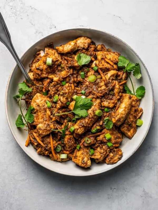 Overhead shot of a bowl with dak bulgogi.