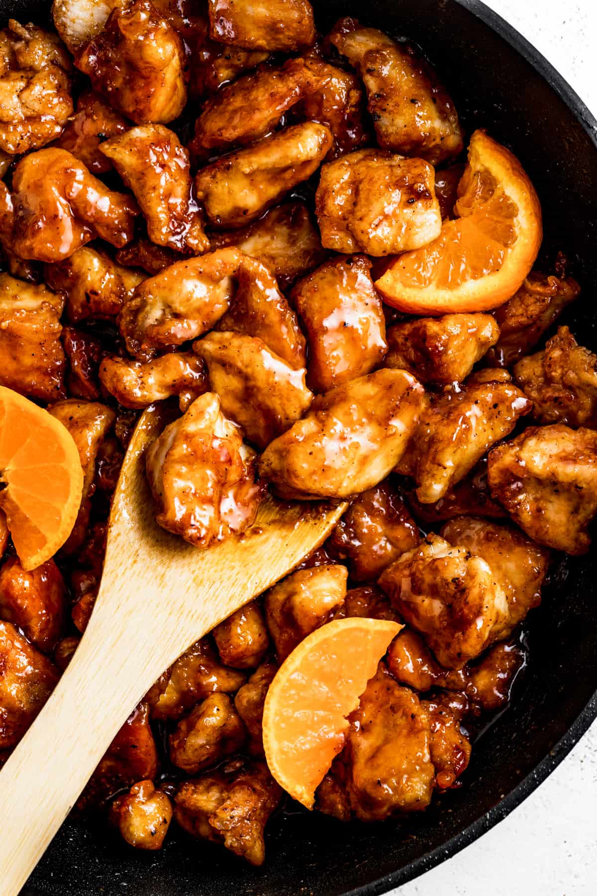 Close-up of mandarin orange chicken in the pan.