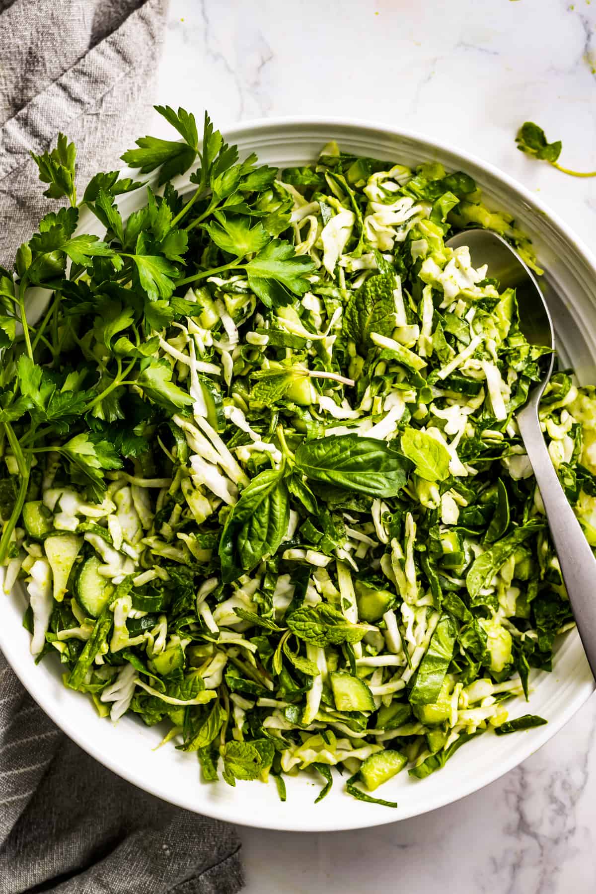 Overhead shot of a salad bowl with TikTok Green Goddess Salad.